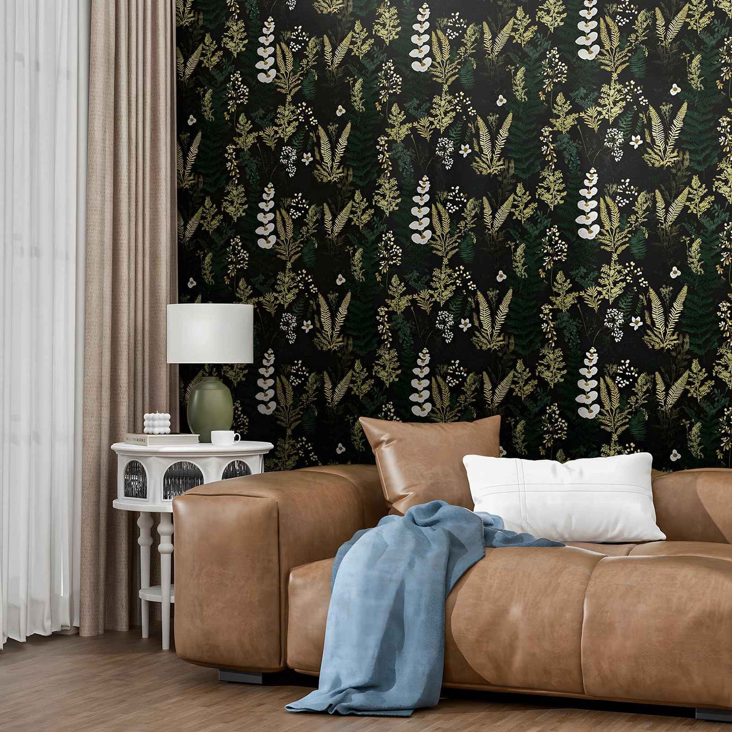 Black Floral Wallpaper Peel and Stick Dark Green Gold Leaf Contact Paper Waterproof Self-Adhesive Forest Tropical Fern Wall Paper for Bedroom Countertop Desk Cabinets 17.4" x 118" Renter Friendly