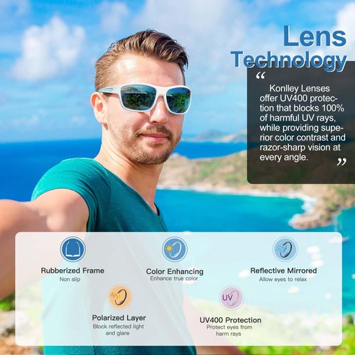 Konlley Sport Polarized Sunglasses for Men and Women, UV Protection Sunglasses Running Fishing Cycling with White Frame Blue Lens