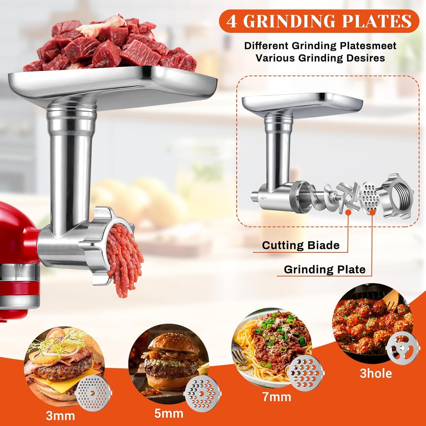 KitchenAid Meat Grinder & Cheese Grater Attachment Set - 4 Plates, 3 Sausage Tubes, Shredder & Burger Press