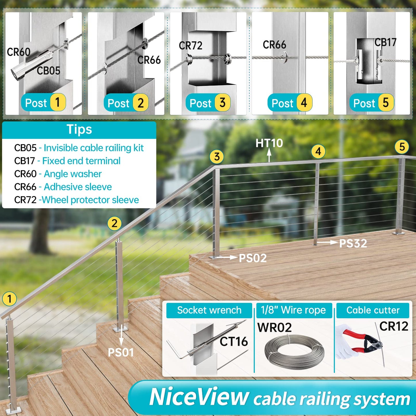 Muzata Stair Cable Railing Post 36 Inch for 25-35 Degrees Stair 36"x2"x2" Surface Mount Brushed T304 Stainless Steel Cable Railing System Kit Indoor Outdoor with Paper User Guide PS01 LA4S