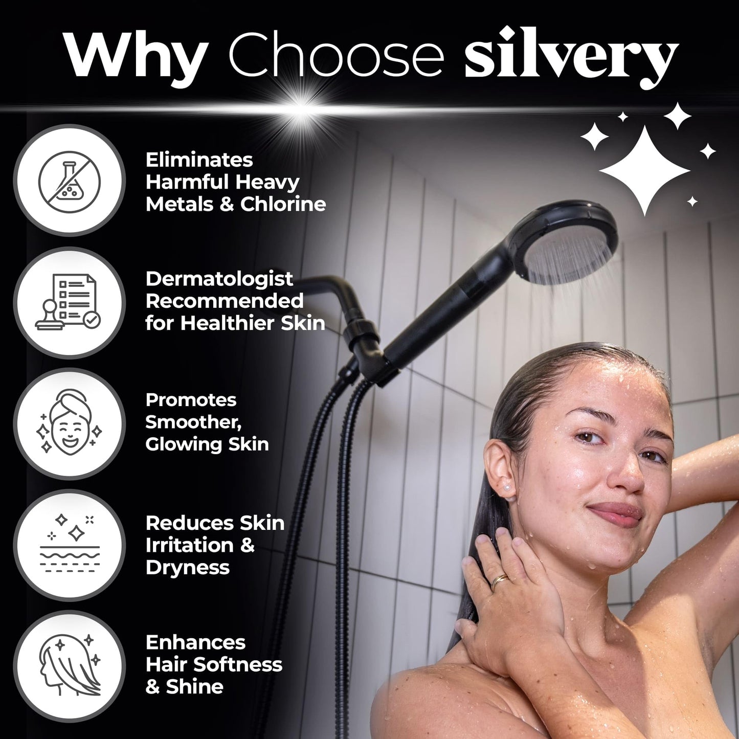 Silvery High Pressure Filtered Shower Head - Dermatologist-Approved Clean Water with Silvery Technology™ Filter - Showerhead Removes Impurities for Healthier Skin, Hair, Scalp (Handheld Showerhead)
