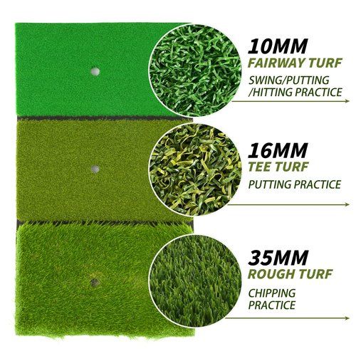 Jkwokback 3-in-1 Golf Hitting Mat | Turf Golf Practice Mat for Swing, Putting & Chipping | Portable Golf Mats Practice Indoor/Outdoor Golf Hitting Mat with 8 Tees Golf Training Mat