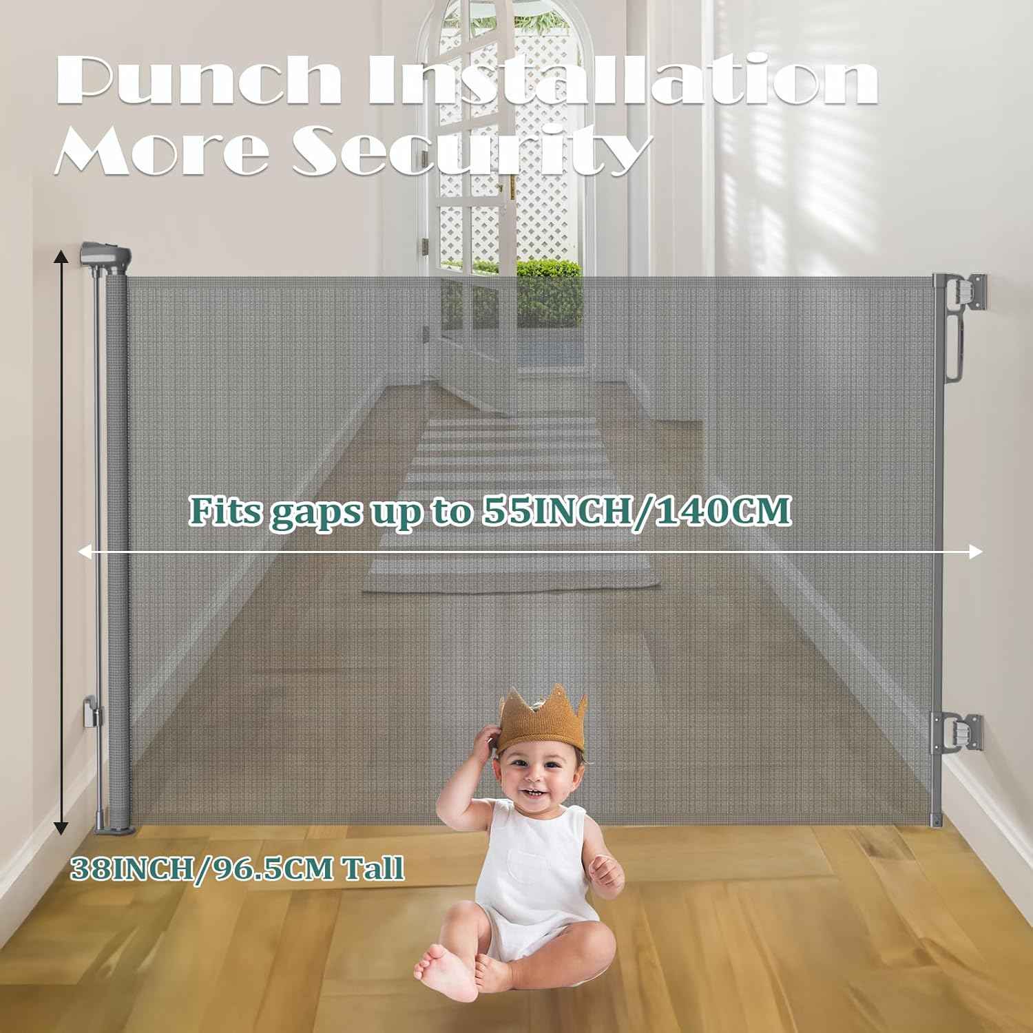 Extra Wide Retractable Baby Gate 55” x 38” | Child & Dog Safety Gate for Stairs, Doorways, Indoor/Outdoor - Gray