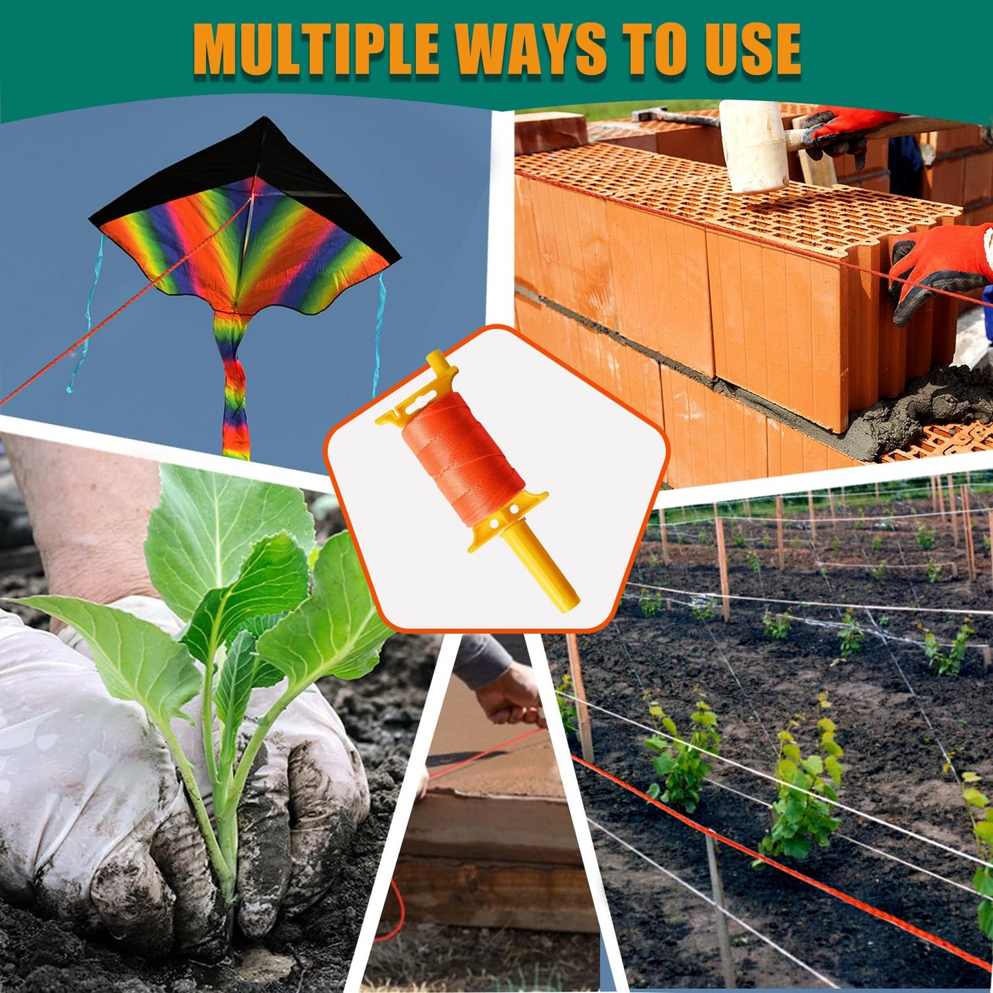 Reloadable Line Reel,Mason Line String line with Handle, 600 Ft Length Nylon Twine,18 Braided Nylon String for Gardening Or Masonry Tools,Outdoor Kite,Twine String for Gardening Fluorescent Yellow