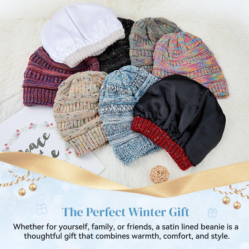 Satin Lined Beanie Women-Winter Hats for Women Silk Lined Slouchy Cute Beanie for Winter Warm Knit Ski Hat Mix Beige&Black&Purple