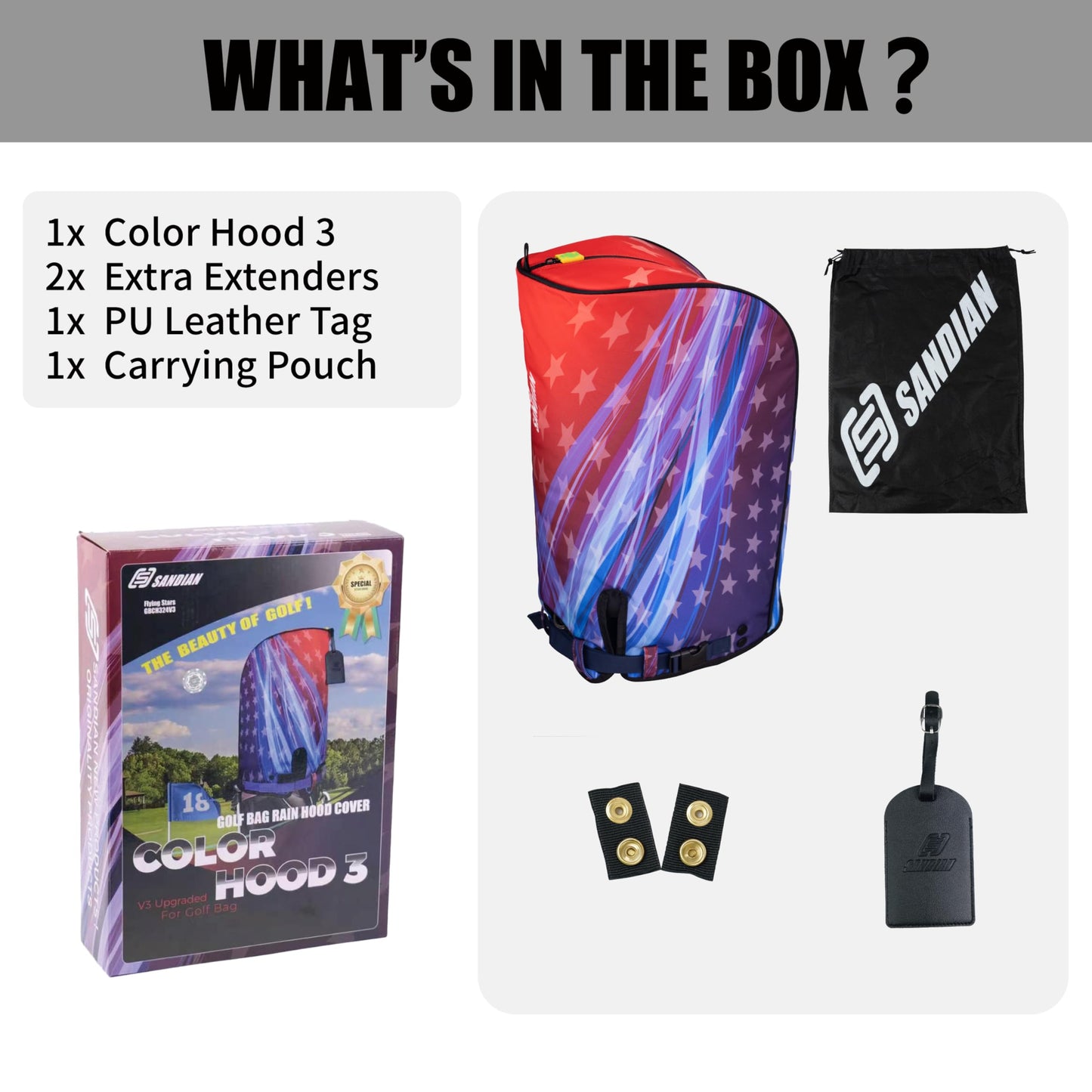 SANDIAN, Flying Stars, Golf Bag Rain Hood Cover, Waterproof 1260D Oxford Polyester, 12x20 Inches, Padded Protection, PU Coated, Two Sided Zipper, Adjustable Buckle Lock Fasteners, Snap Button Locking