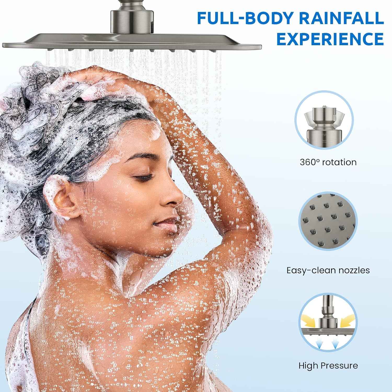 High Pressure Dual Shower Head Combo with Handheld - 8" Rainfall & 6 Spray Settings, Adjustable Brushed Nickel