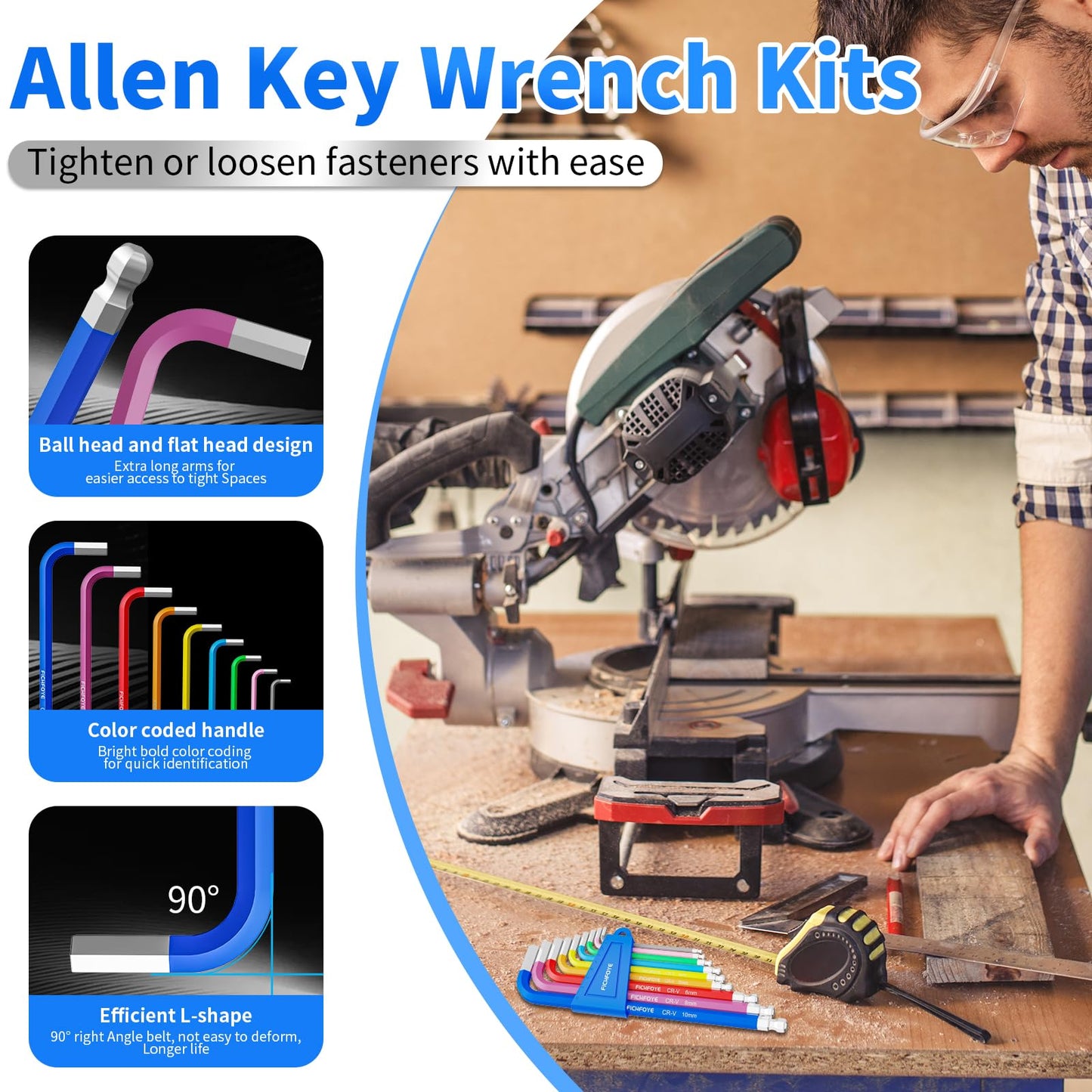 FICHFOYE 9PCS Metric Allen Key Set, Color Coded Hex Key, 1.5-10MM Anti-Slip Long Ball End Hex Wrench Set Ideal for Dismantling Machinery, Equipment, Vehicle, and Bicycle Maintenance