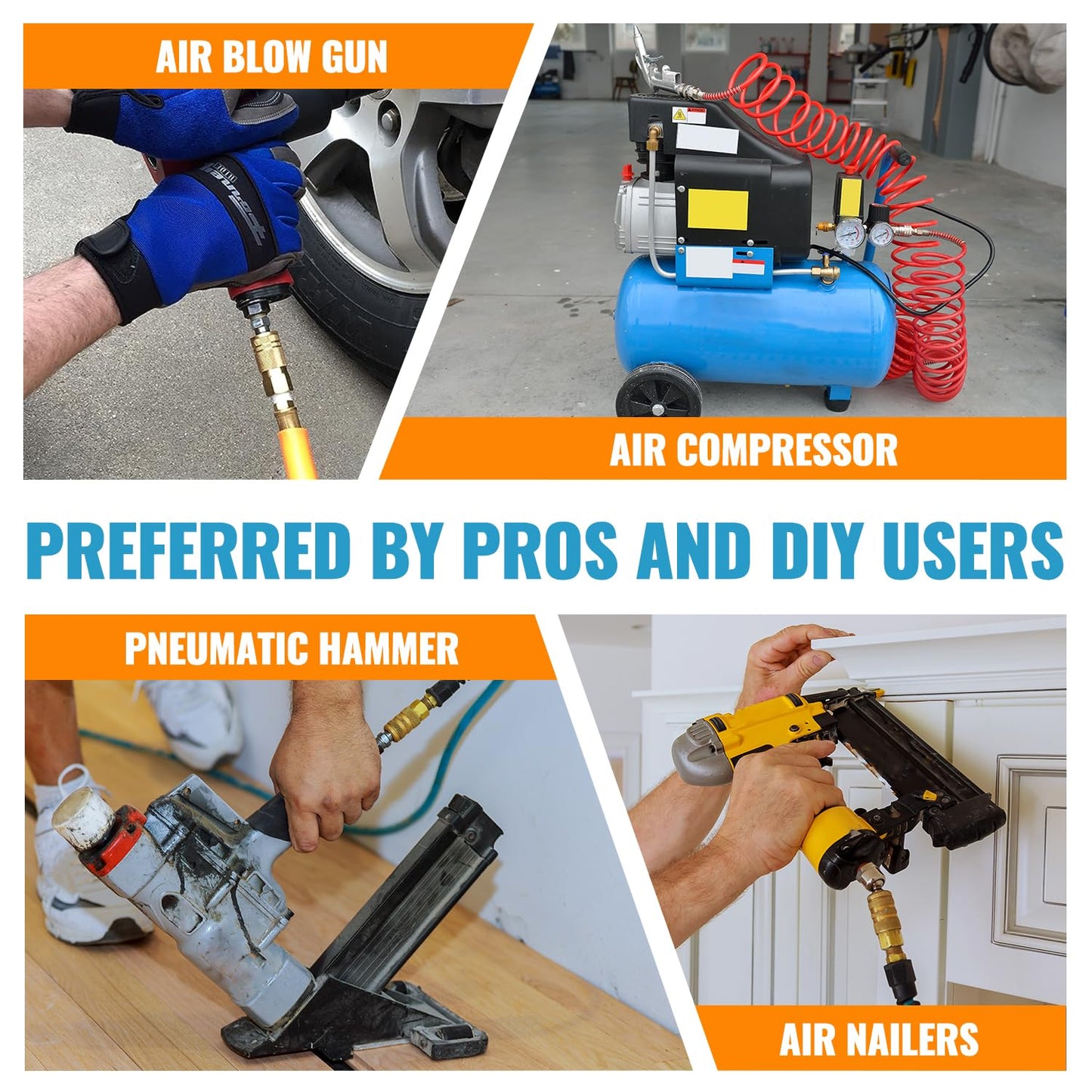 SUNGATOR 2 Pack 3/8'' Male NPT Industrial Air Couplers with 1/4'' Flow Hole, Brass 3/8'' MNPT Thread to 1/4'' Air Hose Fittings, Quick Connect Pneumatic Air Couplers with Pre-Coated Sealant