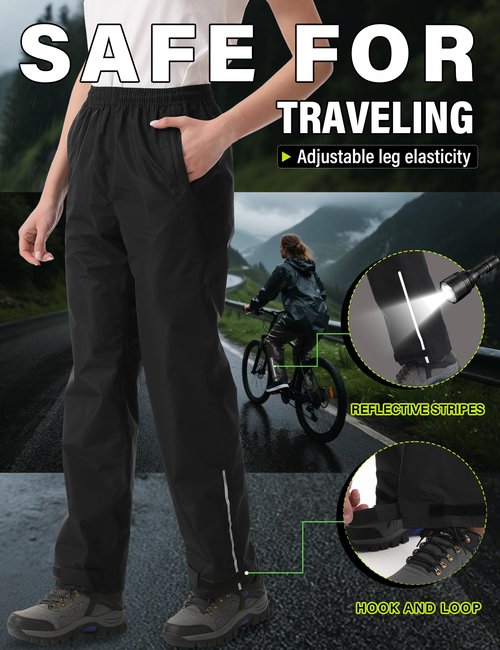 iCreek Women's Waterproof Rain Pants Packable Hiking Pants Over Pants Windproof Lightweight for Outdoor Hiking Golf Fishing (Black, Medium/31 Inseam)