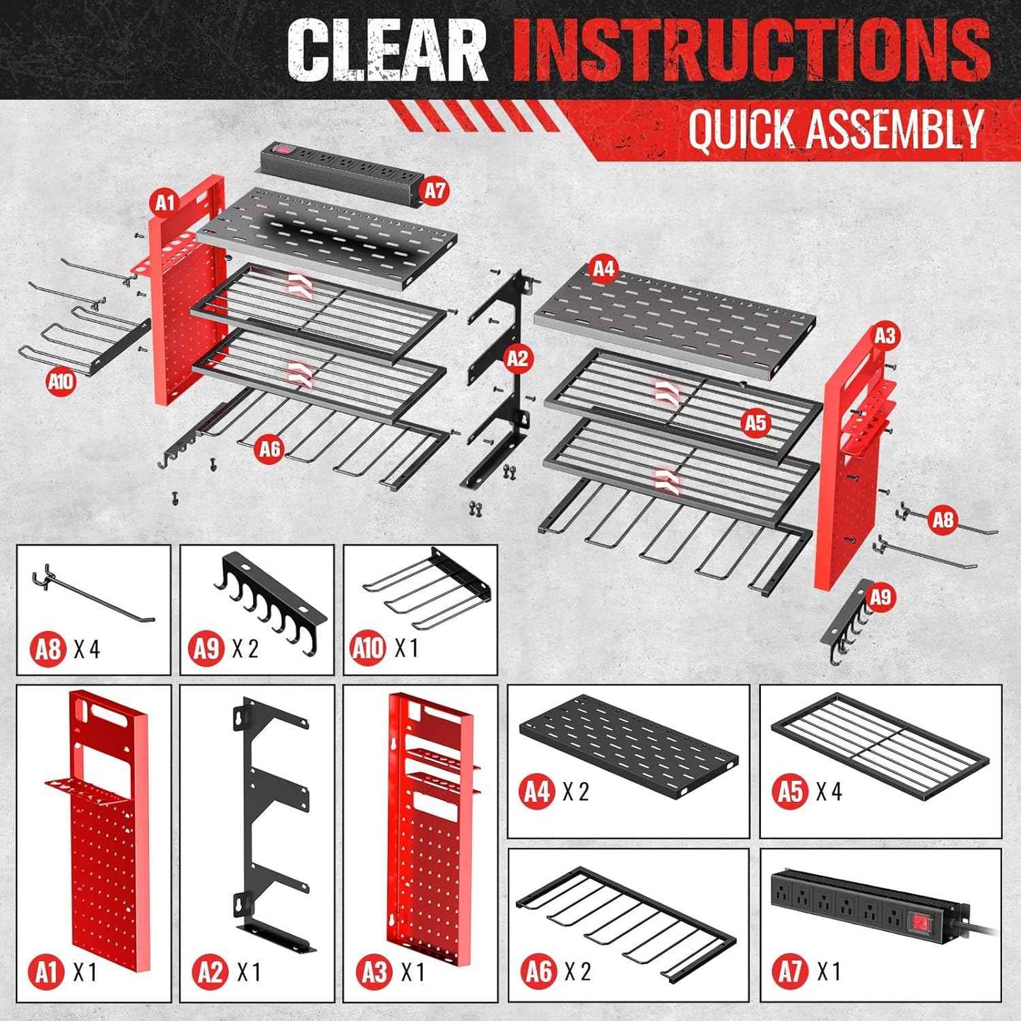 Heavy Duty Wall Mount Power Tool Organizer with Charging Station & 10 Drill Holders
