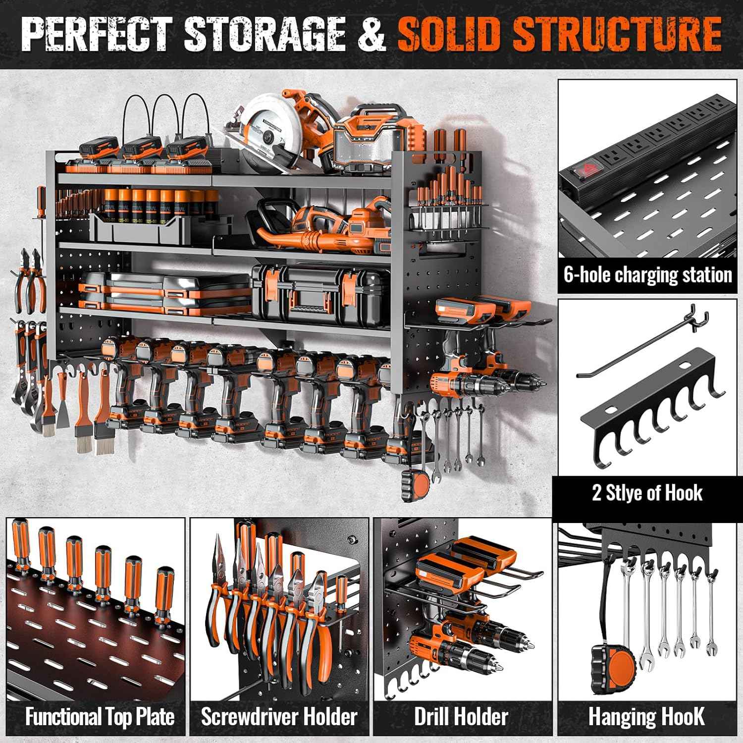 Heavy Duty Wall Mount Power Tool Organizer with Charging Station & 10 Drill Holders