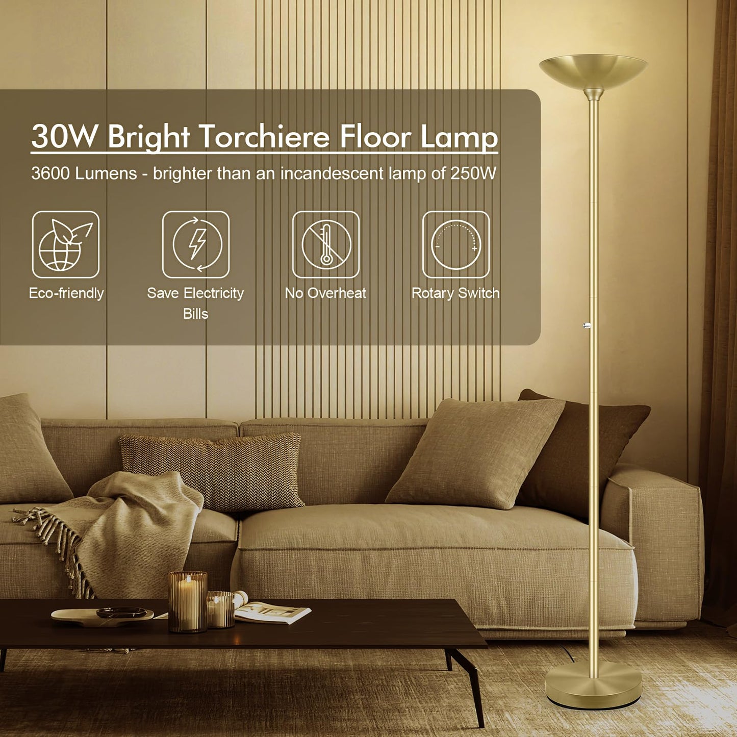 30W Torchiere Floor Lamp Gold, 3600LM Bright Stepless Dimmable Floor Lamp, 71 Inch LED Standing Lamp 3000K, Rotary Switch, I Inch Thick Pole, Tall Metal Torch Floor lamps for Living Room/Bedroom/Den