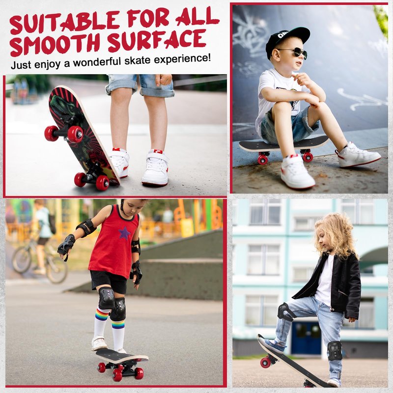Honoson 7 Pcs Skateboard for Toddlers Beginners Knee Elbow Pads Wrist Guards Gear Set (Dinosaur, Age 2-5 Kids 17 x 5'')