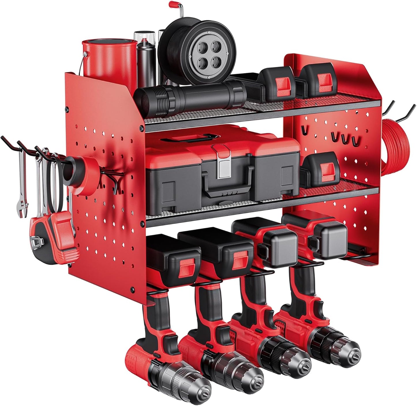 Power Tool Organizer Wall Mount - 3-Layer Charging Station with 8 Outlets & 6 Drill Holders - Efficient Garage Storage Solution (Black)