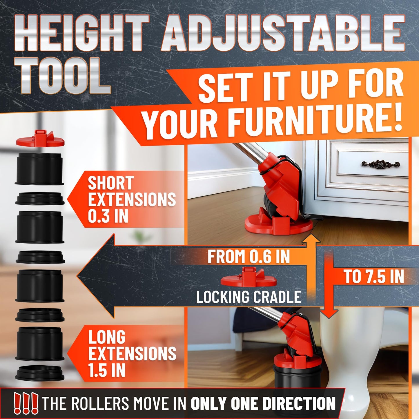 Furniture Lifter Tool with 4 Appliance Rollers 660 Lbs - Furniture Lifters for Heavy Furniture Movers with Wheels Furniture Lift Mover Tool Set - Heavy Furniture Sliders Moving Furniture Gliders Red