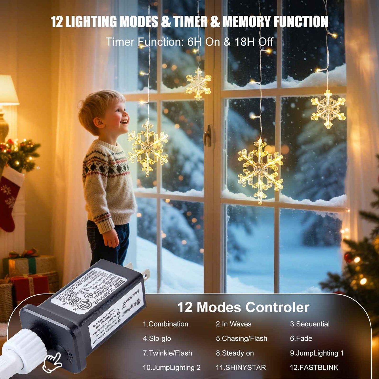 2 Pack 13 Ft 192 LED Snowflake Christmas Icicle Lights with 16 Drops, 8 Modes and Timer, IP65 Waterproof Connectable for Indoor Outdoor House Window, Warm White