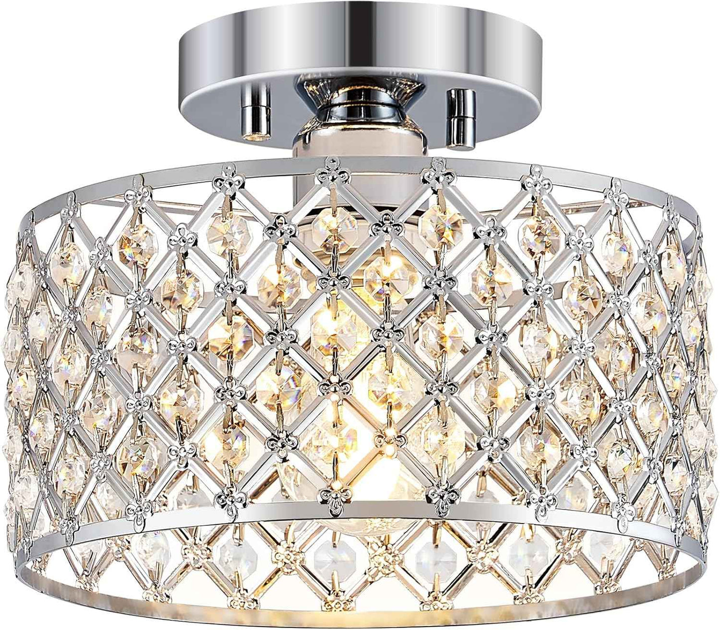 Modern Black Crystal Semi Flush Mount Ceiling Light Fixture - 11.2" Round Chandelier for Dining Room, Hallway, Kitchen & Bedroom