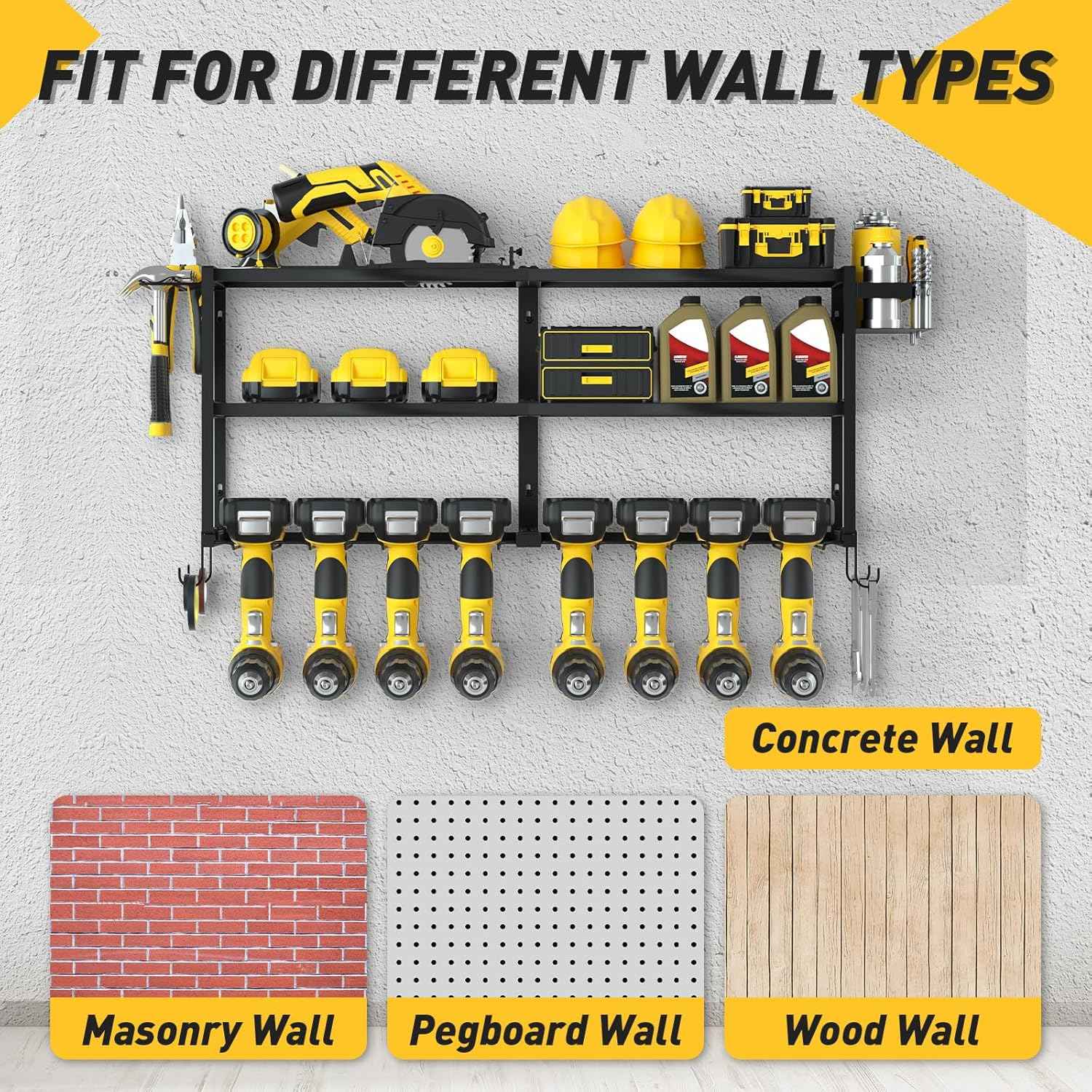 Heavy-Duty Wall-Mount Power Tool Organizer - 3 Extra Large Layers, 300lbs Capacity, 8 Cordless Drill Holders for Garage & Workshop