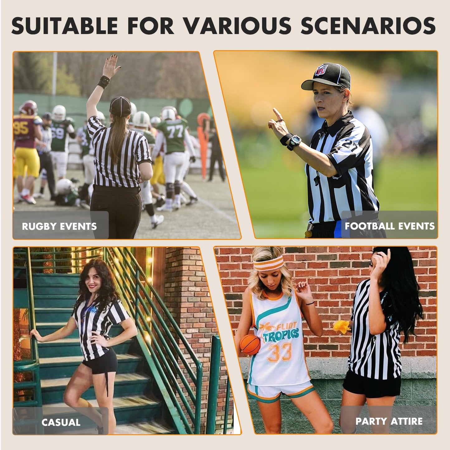 redgino Women's Referee Shirt Official Zipper Black and White Stripe Ref Umpire Jersey for Basketball Football Hockey Halloween Costume & Waitresses M