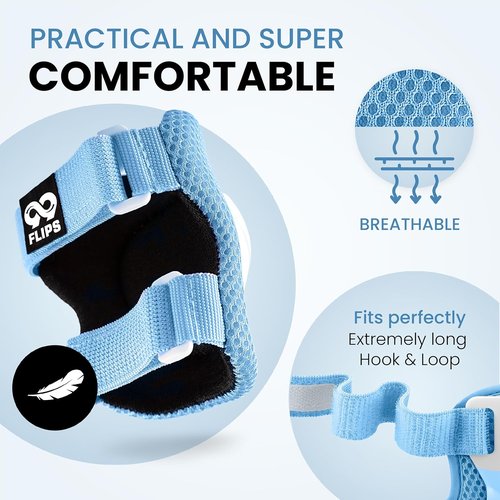 99FLIPS Kids Knee and Elbow Pads Set - Protective Skateboard Gear - Size SM Light Blue | Safety for Roller Skating