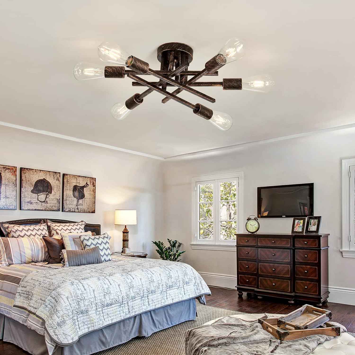 Gold Modern 6-Light Semi Flush Mount Ceiling Light Fixture - Vintage Sputnik Chandelier for Kitchen, Dining & Living Room