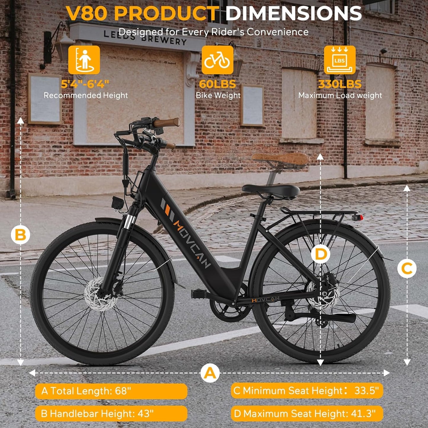 Movcan V80 Electric Bike - 1000W Motor, 28MPH City Cruiser | 48V 13Ah Battery, 70 Miles Range, 7-Speed