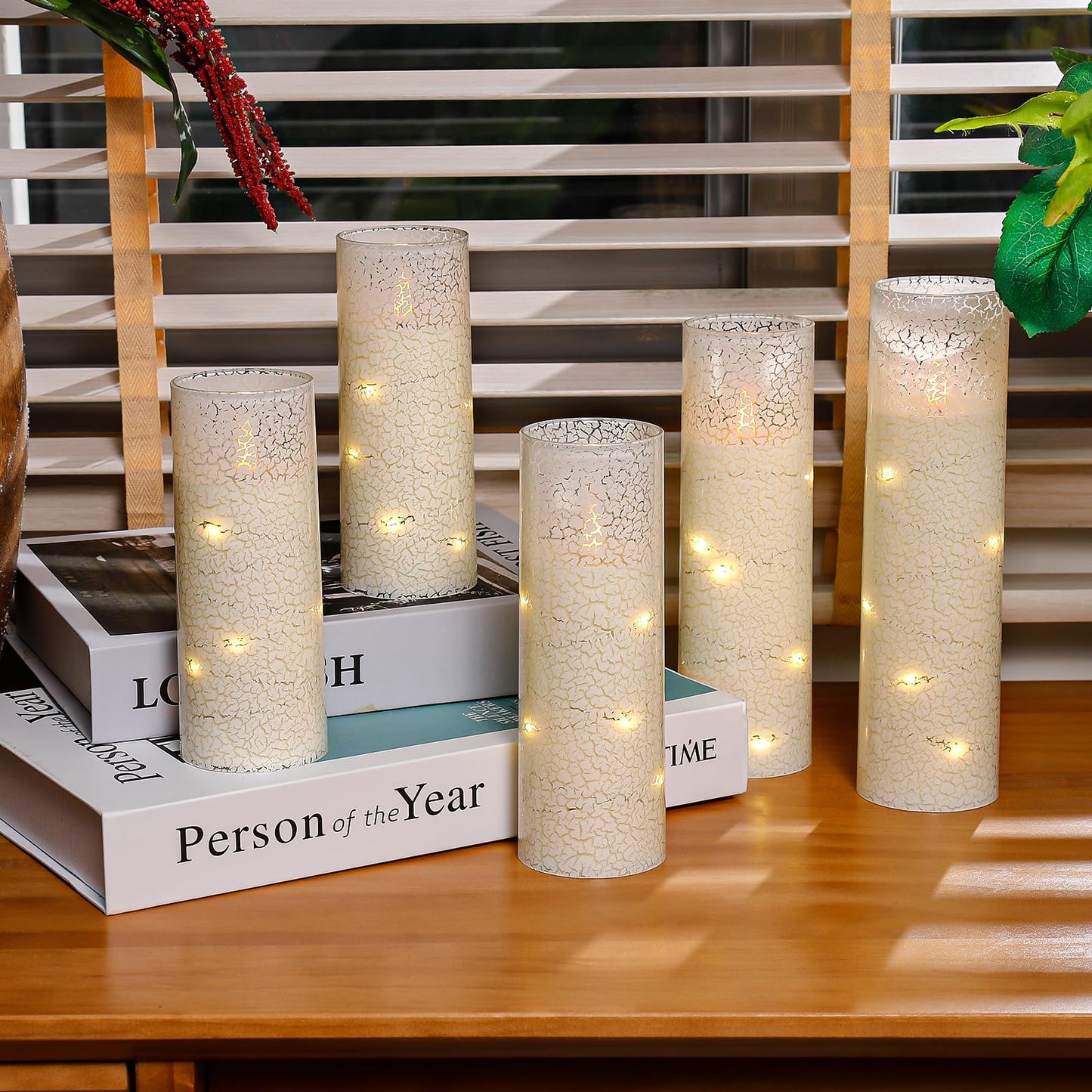 Vicouyi Flameless LED Pillar Candles with Remote Control and Timer, Battery Operated Flickering Electric Candles Set of 5, Crackle Design for Home Decor Wedding Party(D2.2'' x H5''/5''/6''/7''/8'')