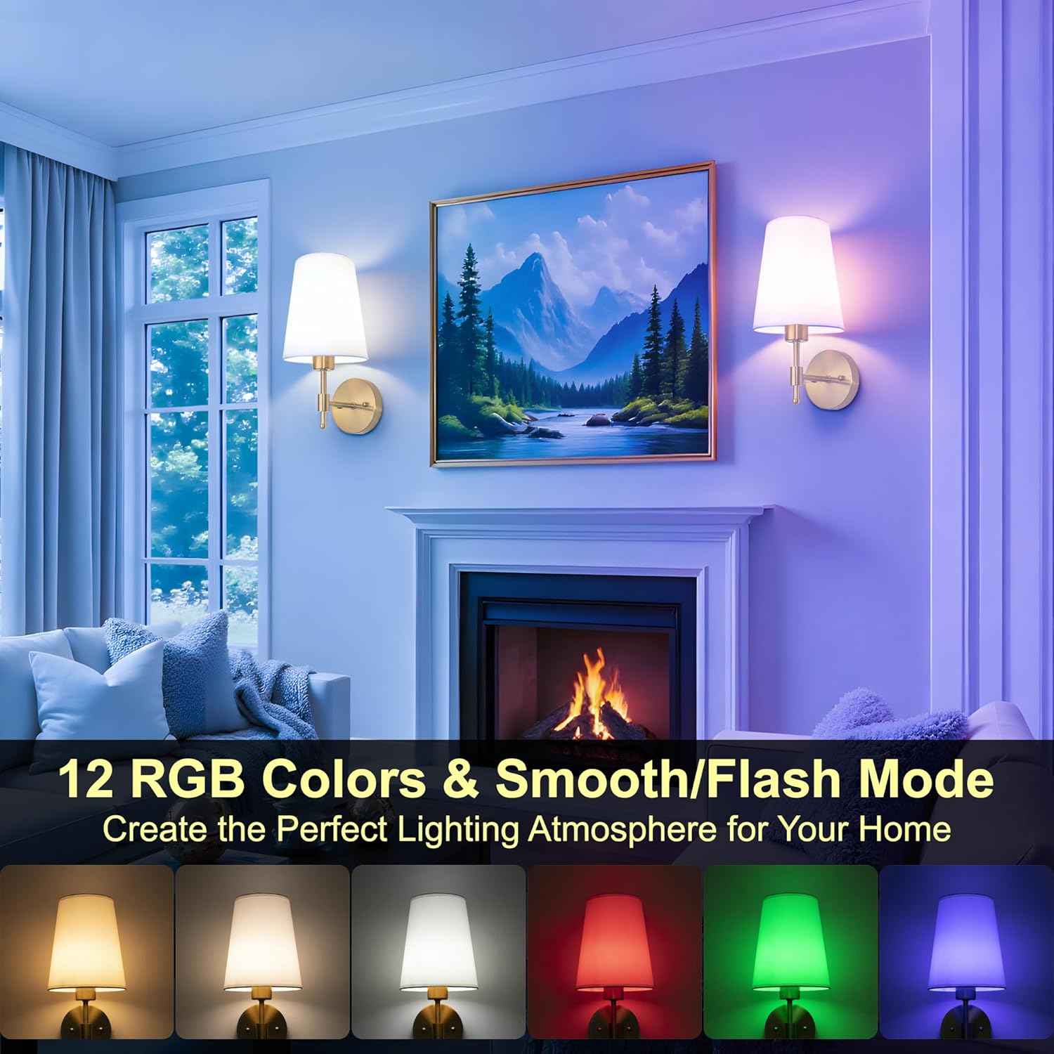 Rechargeable Gold Battery Operated Wall Sconces Set of 2 with Remote & RGB Bulbs