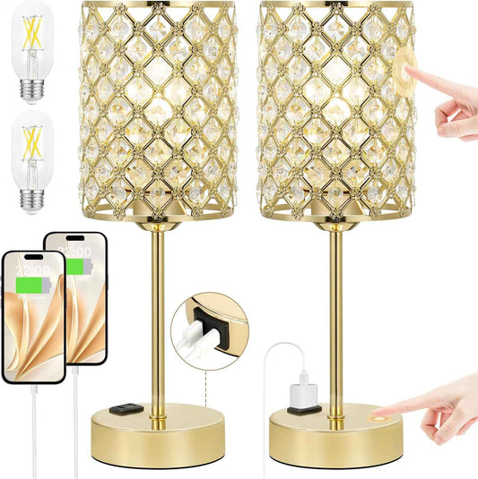 Dimmable Touch Control Crystal Table Lamp Set of 2 with USB-C & AC Ports - Elegant Nightstand Lighting for Bedroom & Living Room