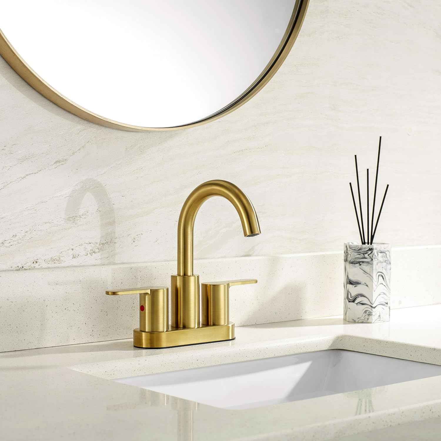 Brushed Gold Bathroom Sink Faucet - Modern 4-Inch Centerset with 360° Swivel Spout & Drain Assembly