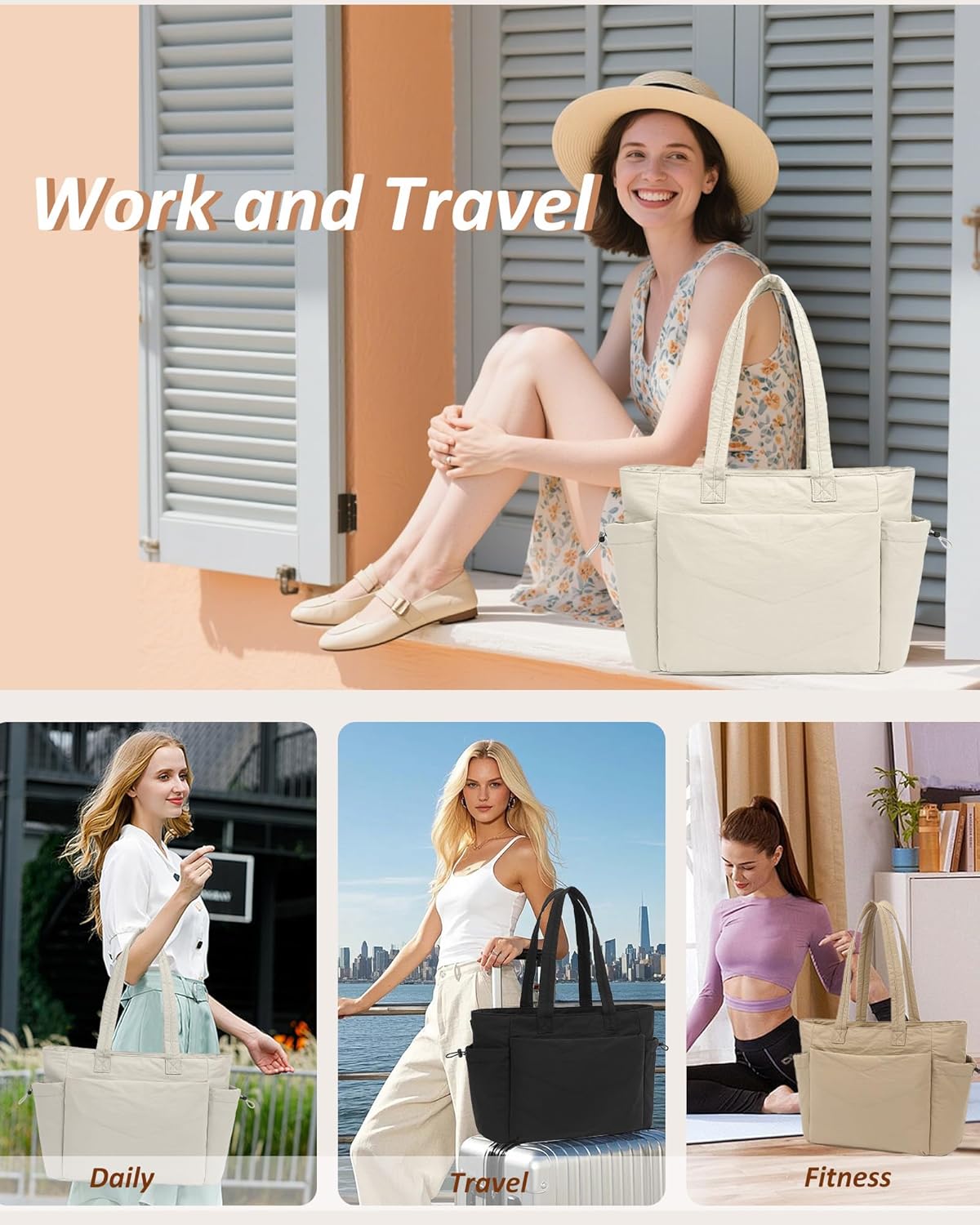 TANTOMI Puffer Tote Bag - Lightweight Quilted Shoulder Bag with Zipper for Work, Travel, School, Gym