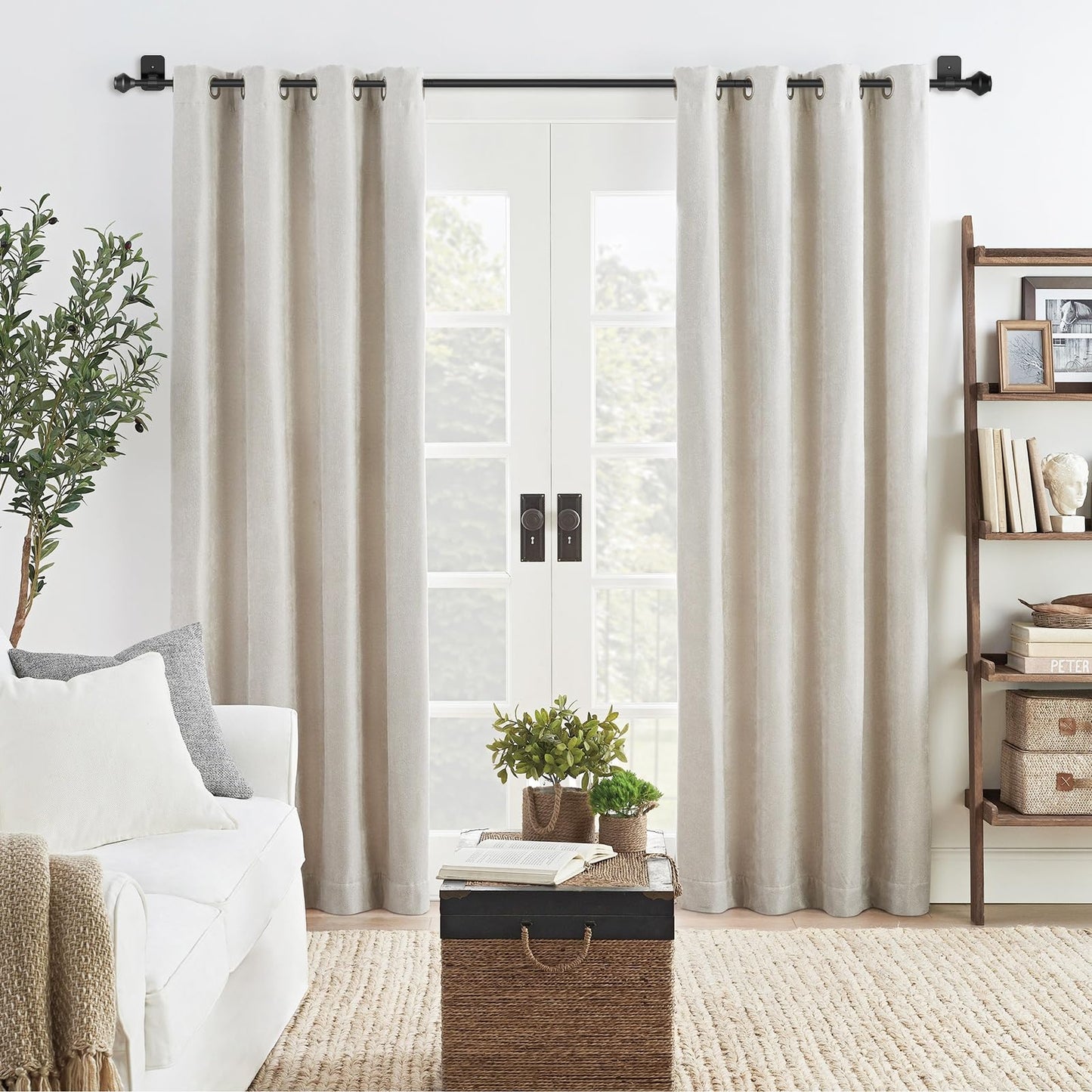 Curtain Rods No Drilling for Windows 36 to 48 Inch, 5/8 Inch Telescoping Adjustable Black Curtain Rod with Adhesive Holders, Renter Friendly for Bedroom Kitchen Apartment(36"-48")