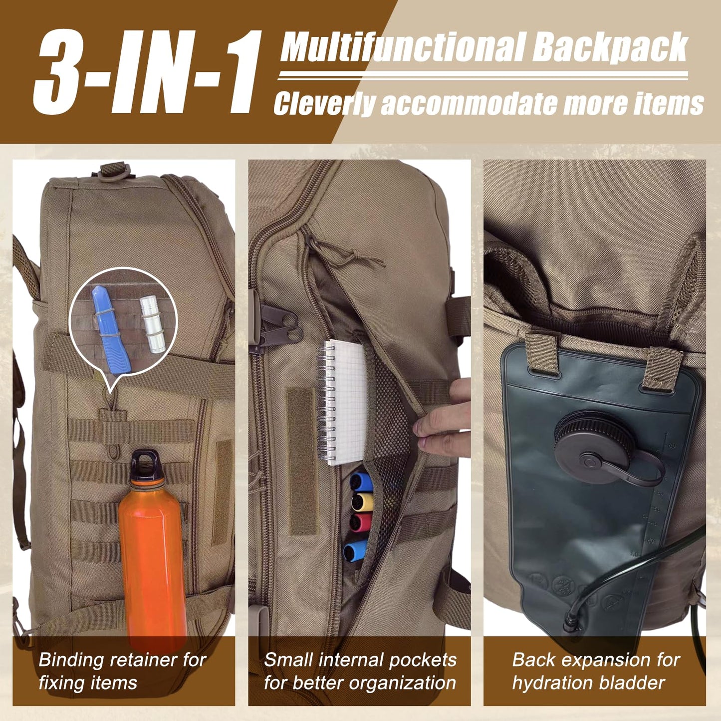 EASY BW 65L Large Travel Gym Duffle Bag Military Tactical Backpack, Army Pack 3 Day Bug Out Bag Rucksack for Outdoor Sport Hiking Camping with Molle System, Coyote
