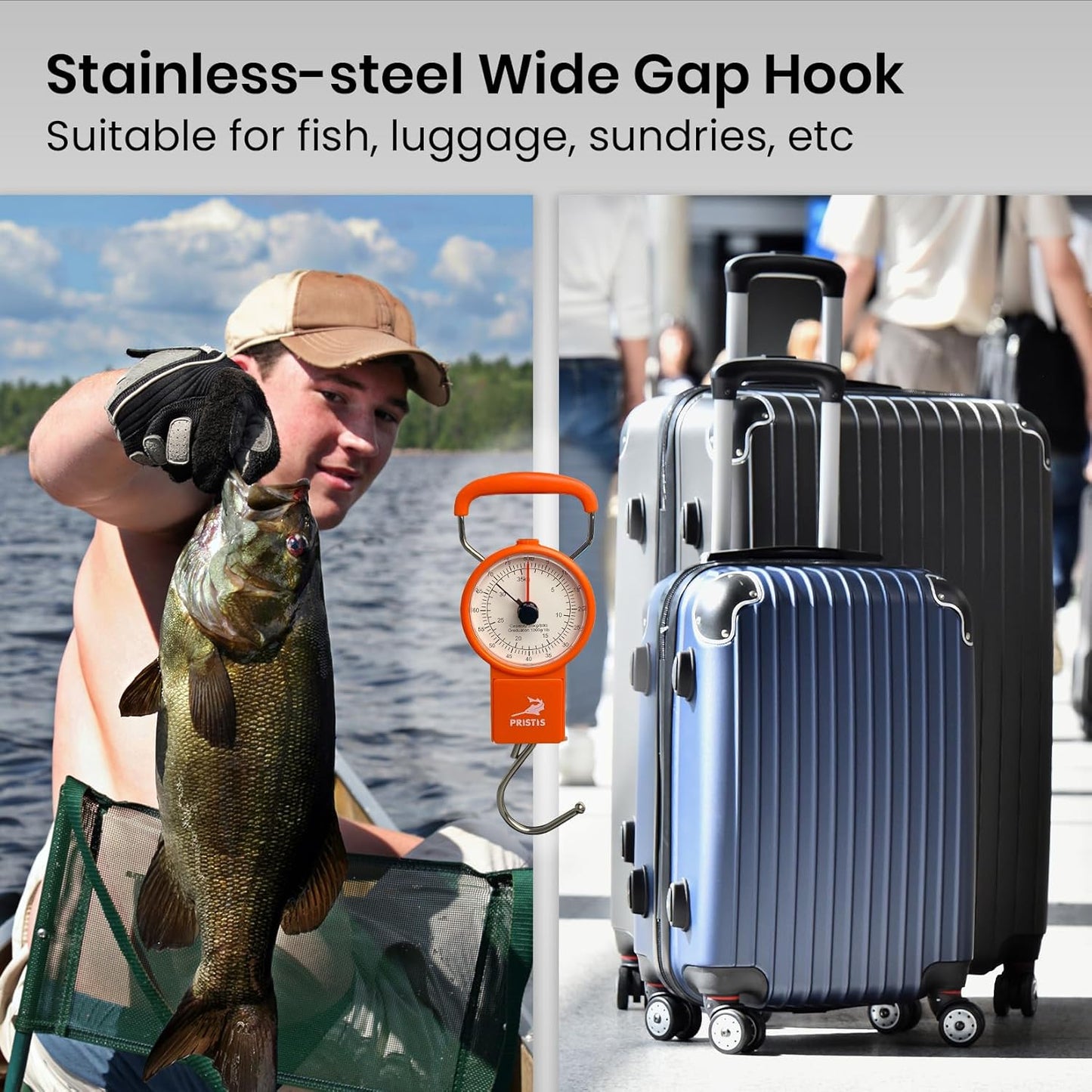 Pristis Fishing Hanging Scale - 80 LBs Analog Spring Hook Scale with Tape Measure & Non-Slip Handle