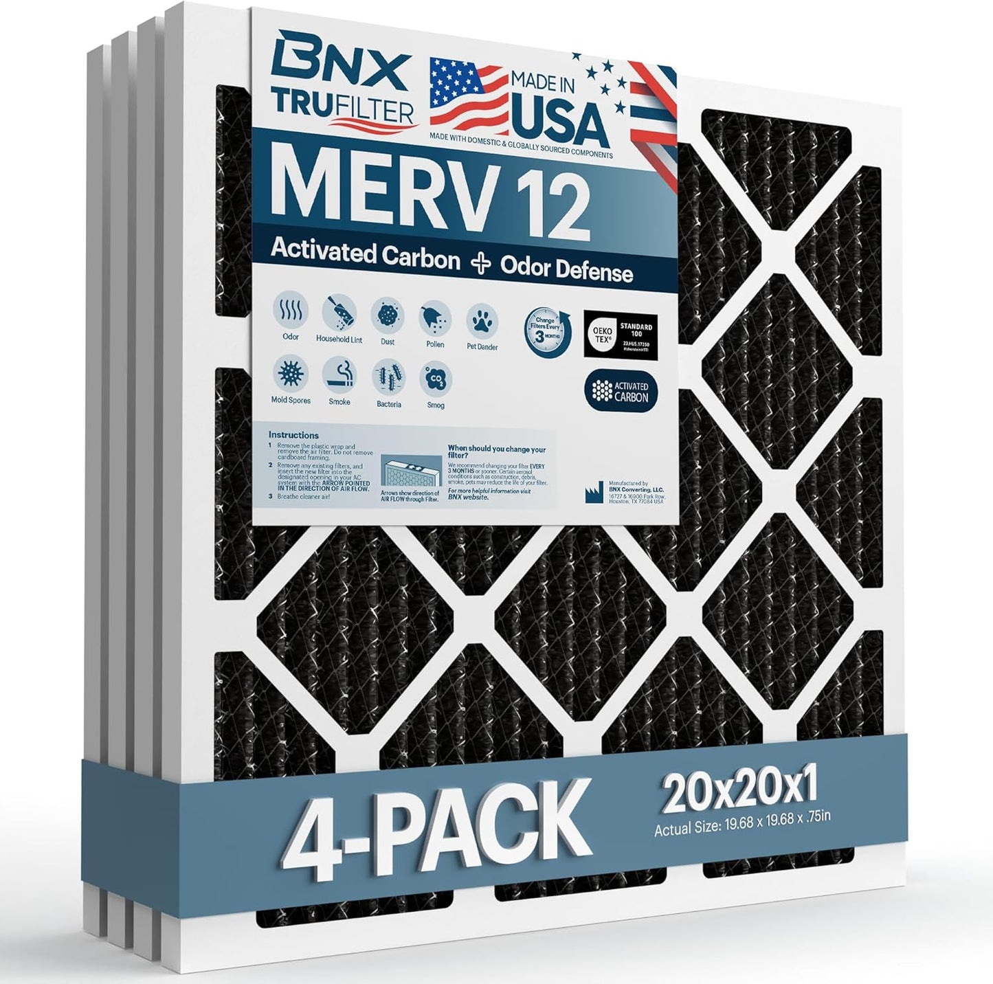 BNX TruFilter 12x12x1 MERV 8 Air Filters (6-Pack) - USA-Made Dust & Pet Defense for HVAC