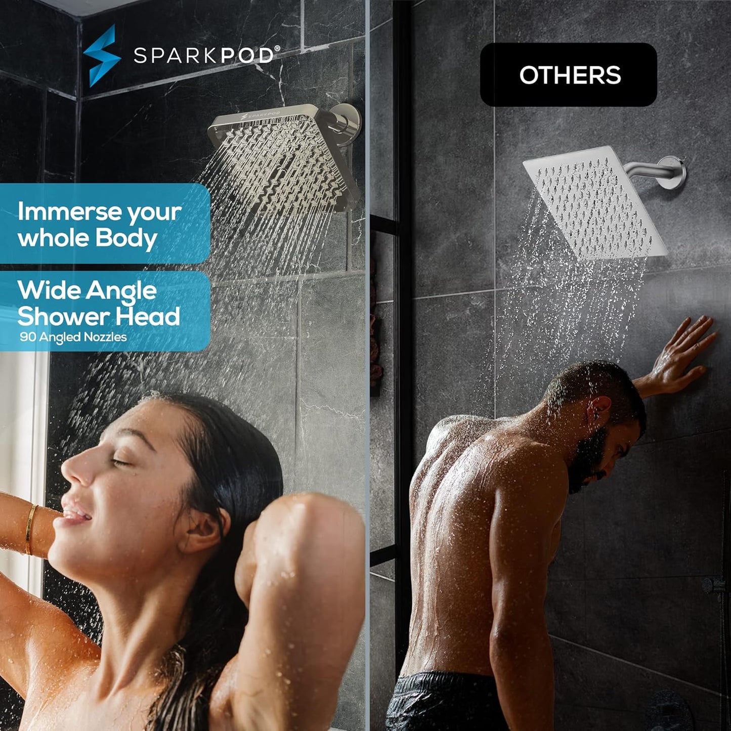 High Pressure Rain Shower Head - SparkPod Premium 6-Inch Square in Brushed Nickel - Easy Install & Clean