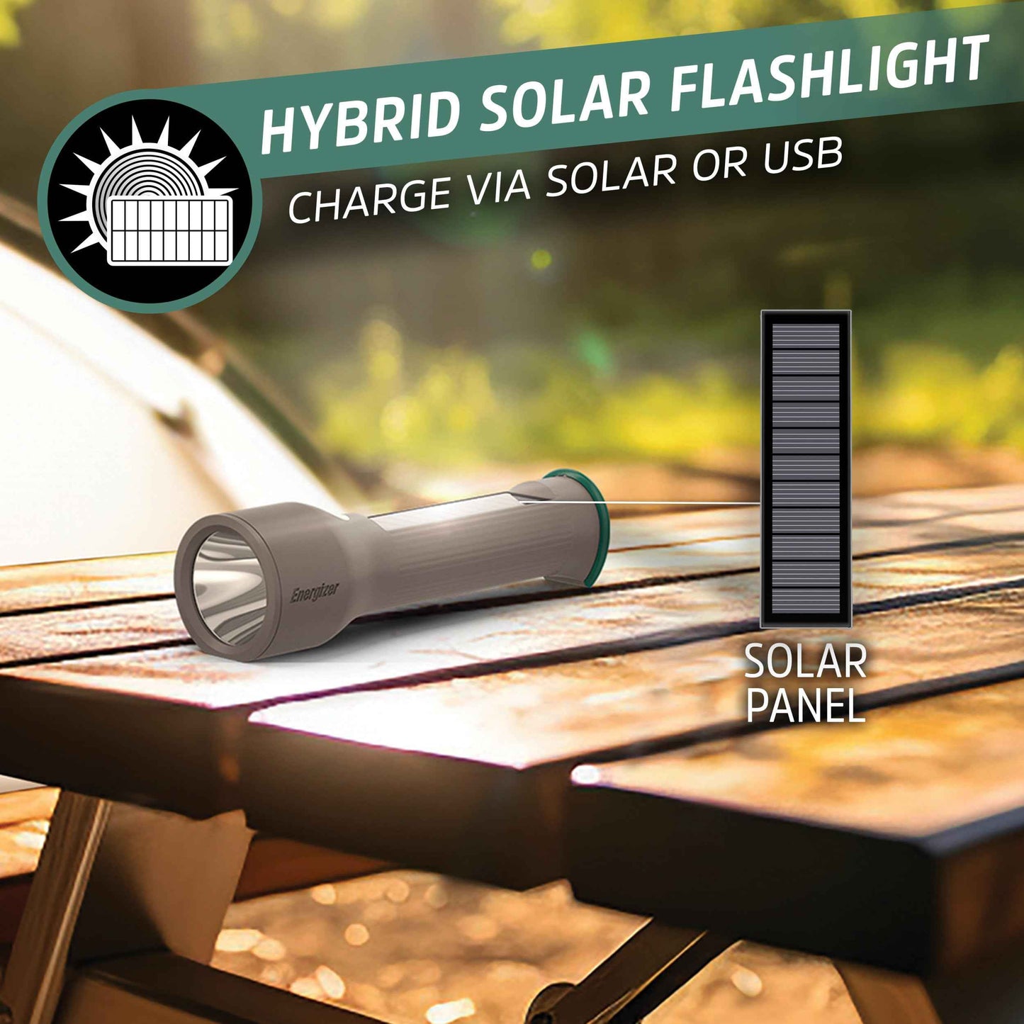Energizer S-600 Hybrid Power LED Flashlight, Solar, Rechargeable, or AA Battery Powered, IPX4 Water Resistant Bright Flashlight