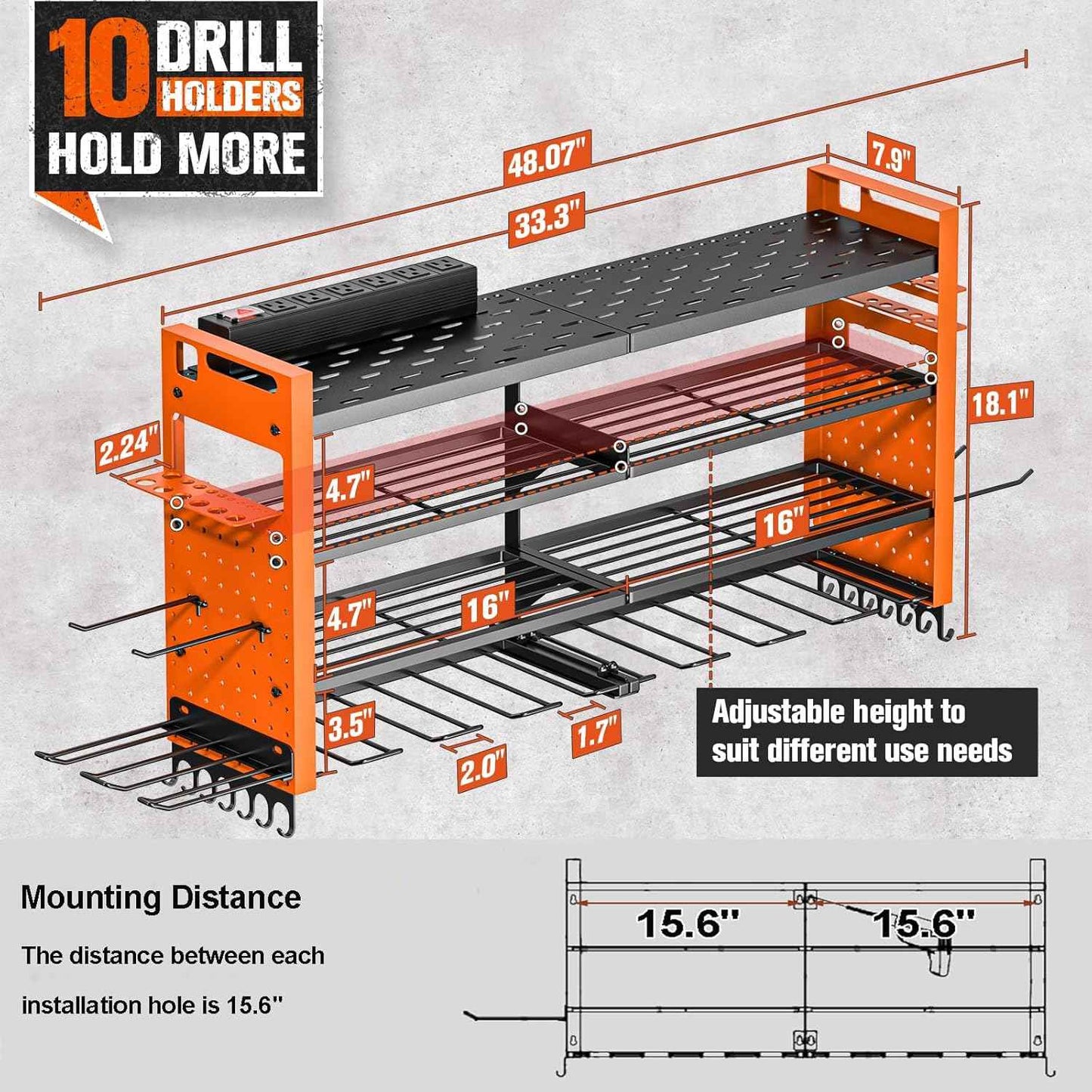 Heavy Duty Wall Mount Power Tool Organizer with Charging Station & 10 Drill Holders