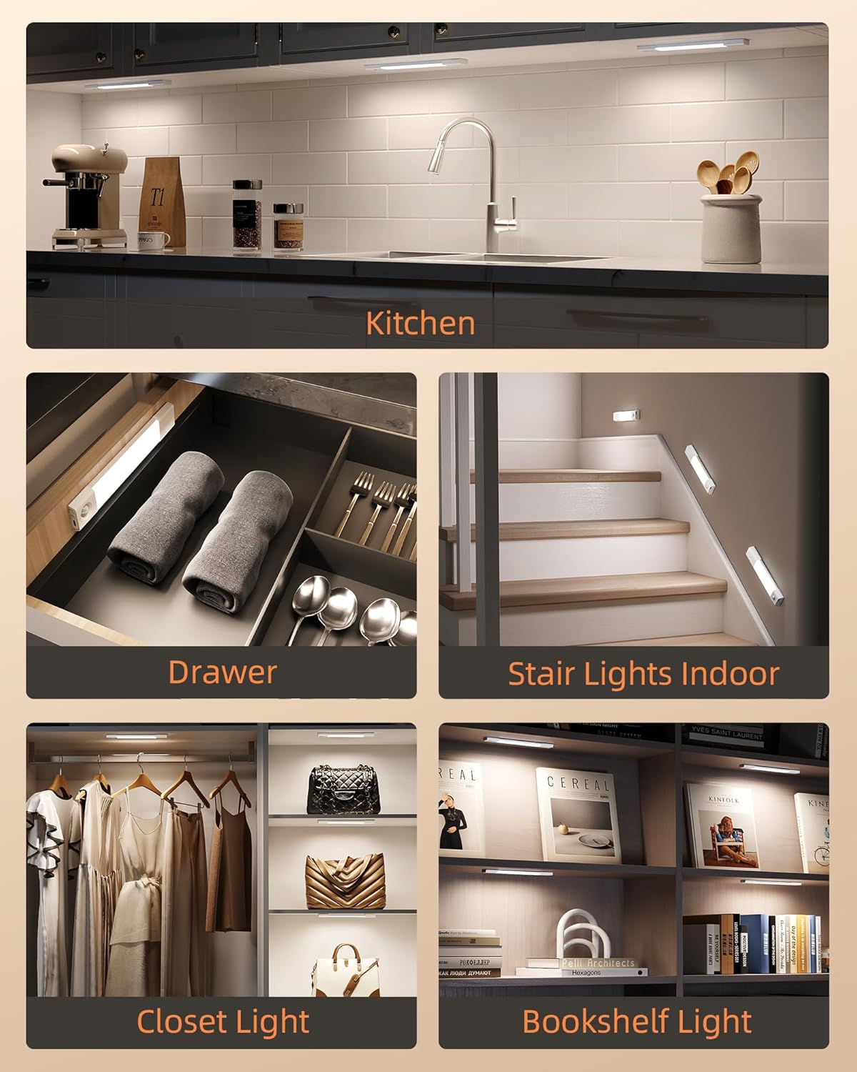 Rechargeable LED Under Cabinet Lighting - 6 Pack Motion Sensor Lights with Charging Station, 3 Color Dimmable for Kitchen & Stair