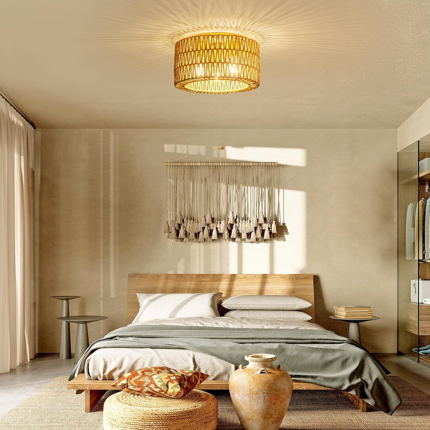 Bohemian Rattan Ceiling Light Fixture - 3-Light Woven Flush Mount for Bedroom & Living Room