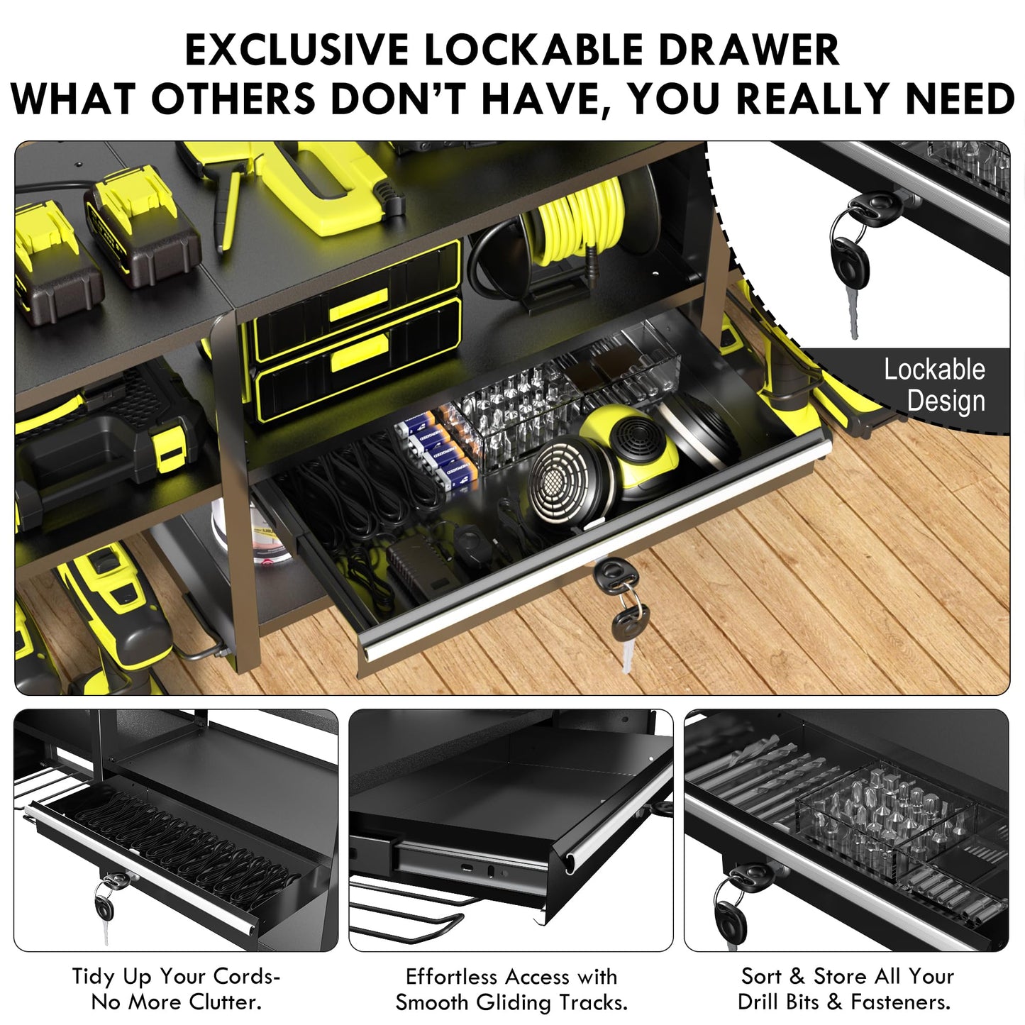 KSVO Large Power Tool Organizer Wall Mount with Drill Rack, Grinder Holder, Hammer & Pliers Rack, Locking Drawers & 6-Outlet Charging Shelf – Heavy Duty Metal Tool Storage for Garage & Workshop