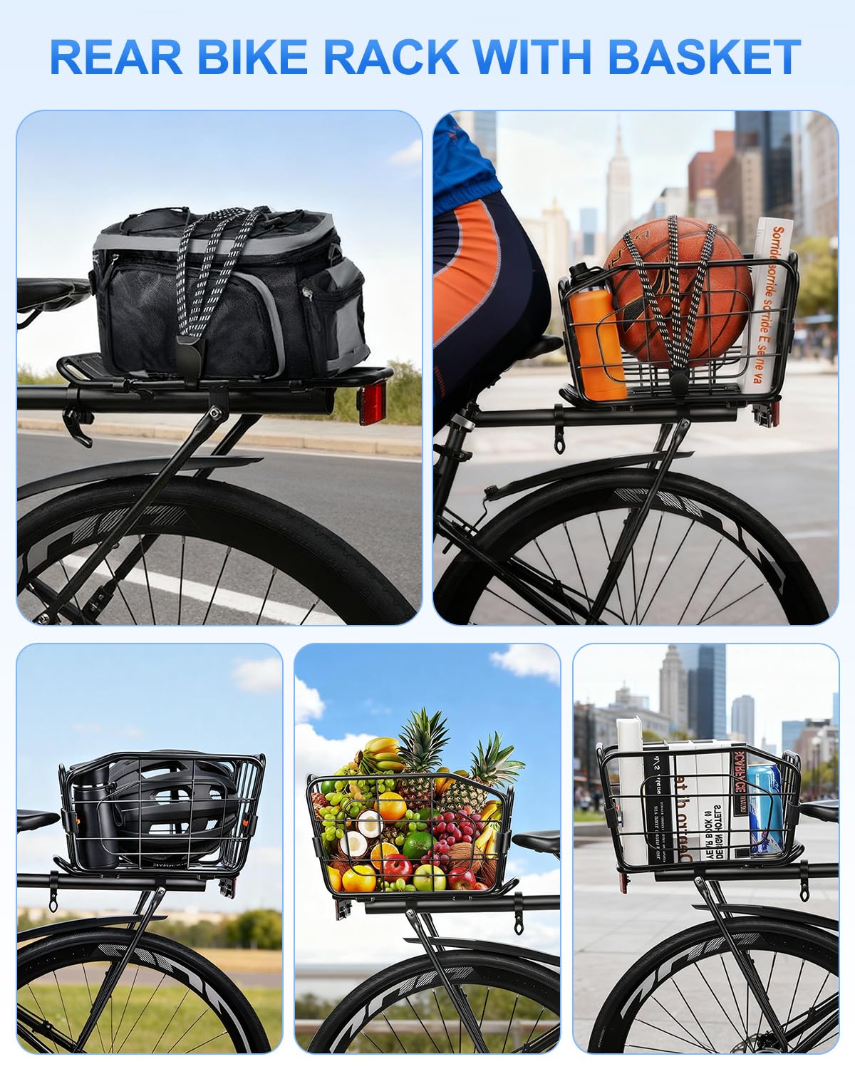 POWVINE Rear Bike Basket, Aluminum Bike Cargo Rack, 22L Capacity Bicycle Basket, Foldable & Removable for Adult Bikes (Tube≤34mm), 165lbs Capacity, Includes Reflector & Bungee Cords