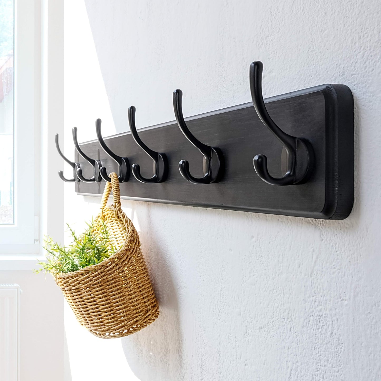 Dseap Wall Mounted Coat Rack: 24" Long, Patented, Heavy-Duty, 6-Double-Hooks Wooden Hanger Rail for Winter Coats, Hat, Jacket, Clothing - Black, Pack of 2