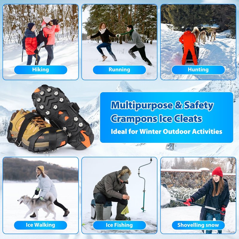 BOGI Crampons, Ice Cleats for Shoes and Boots with 12 Stainless Steel Spikes Non-Slip Ice Shoes Grippers Traction Cleats for Snow Ice, Winter Hiking, Walking, Fishing, Climbing for Women Men Kids