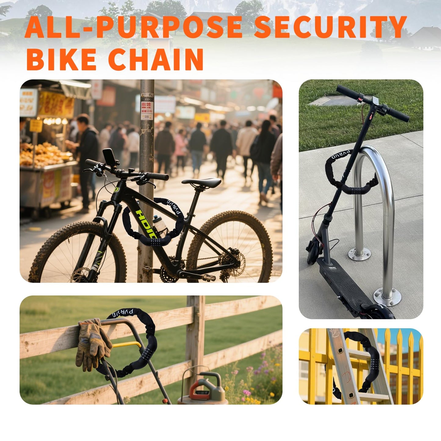 Pvrud Bike Chain Lock, 5 Digit Combination Heavy Duty Anti Theft 3.9Ft Bicycle Chain Lock,6mm Thick High Hardness keyless Bike Lock for Bike,Scooter,Motorcycle,Door, Gate