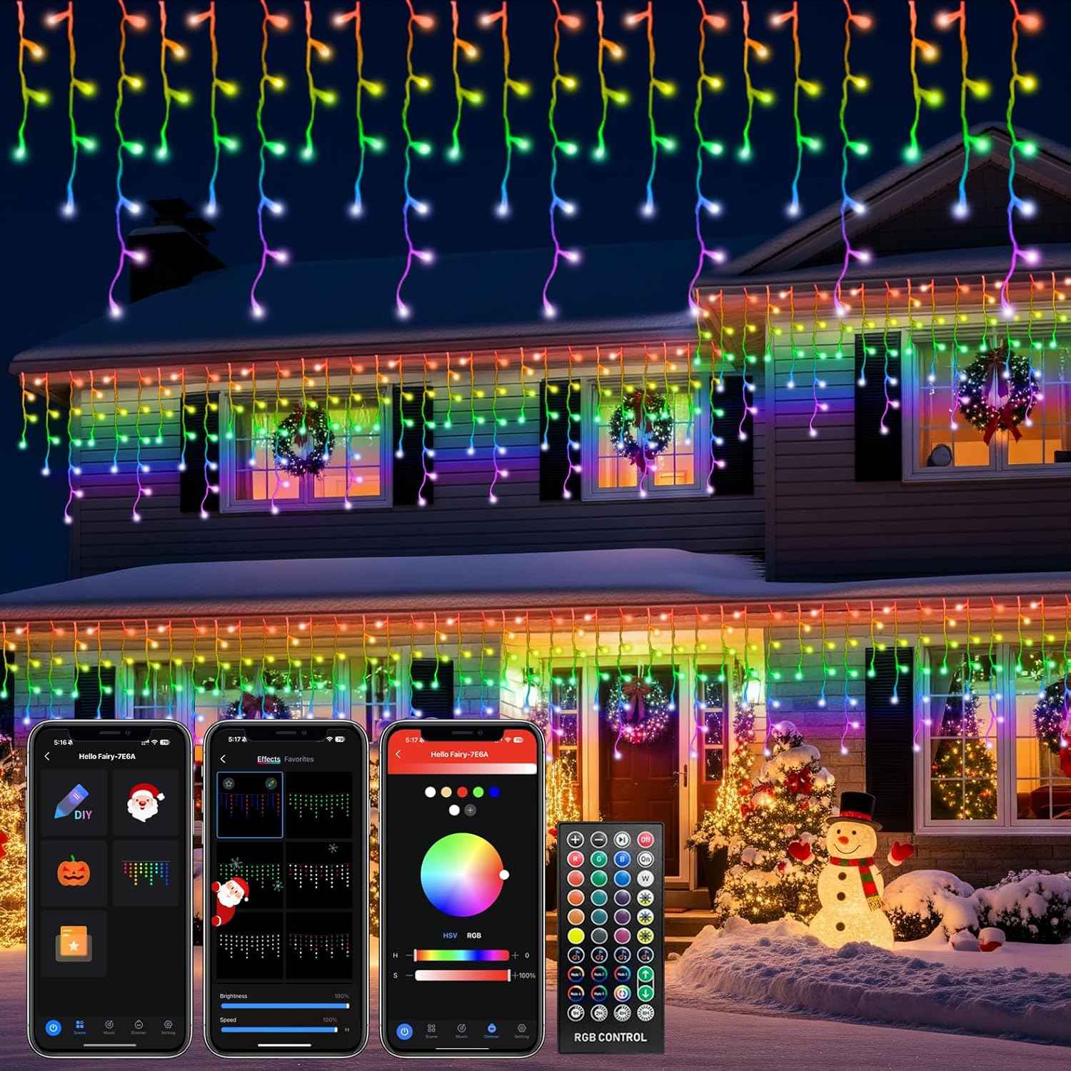 33FT Smart RGB Icicle Lights with 299 LED Drops - App & Remote Control, Music Sync Waterproof Christmas String Lights for Patio & Party Decor