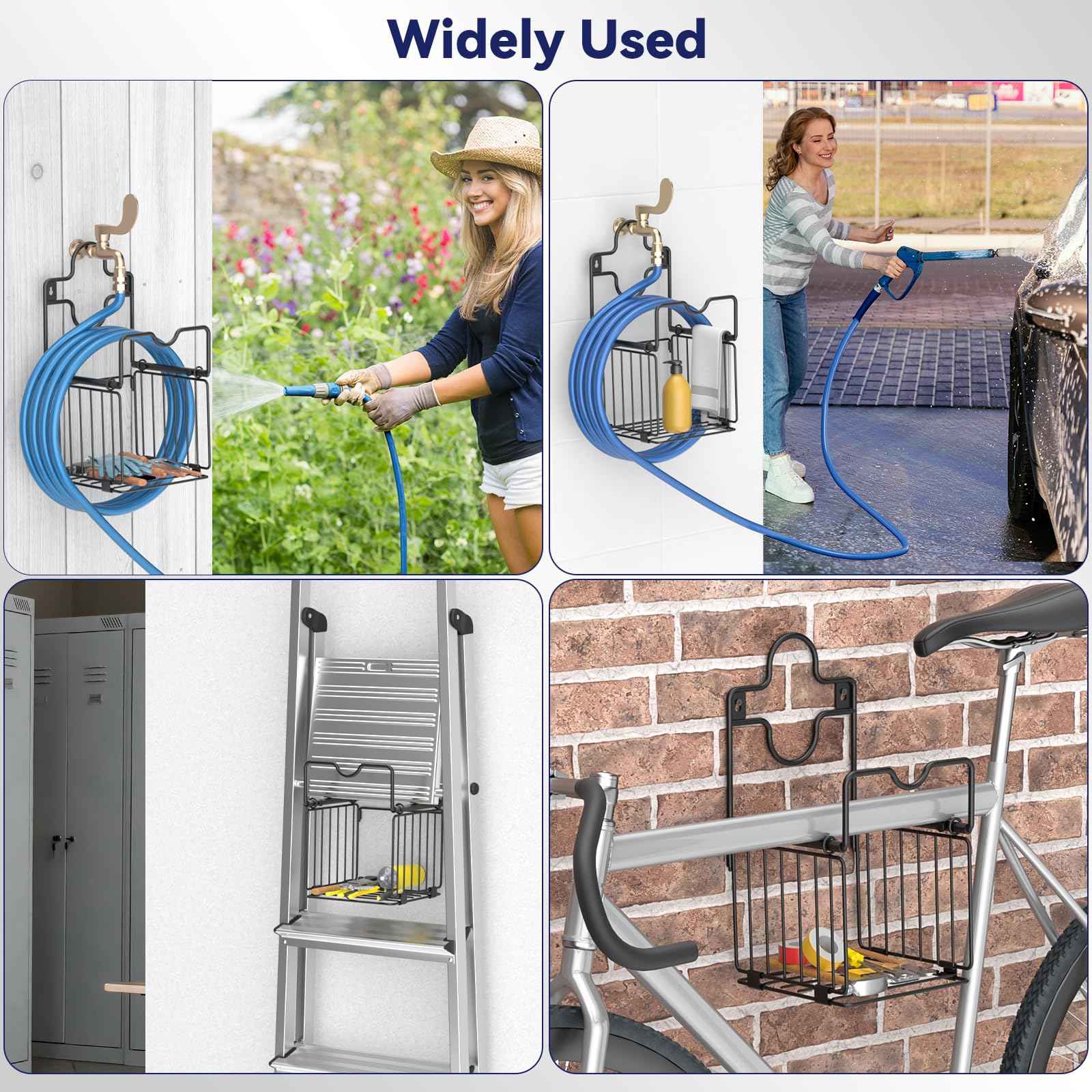 Garden Hose Holders for Outside Metal Water Hose Holder Wall Mount Hose Hanger with Storage Basket Heavy Duty Waterhose Holder for Outside Hose Rack Outdoor Hose Caddy Hook for Garden Organizer Black