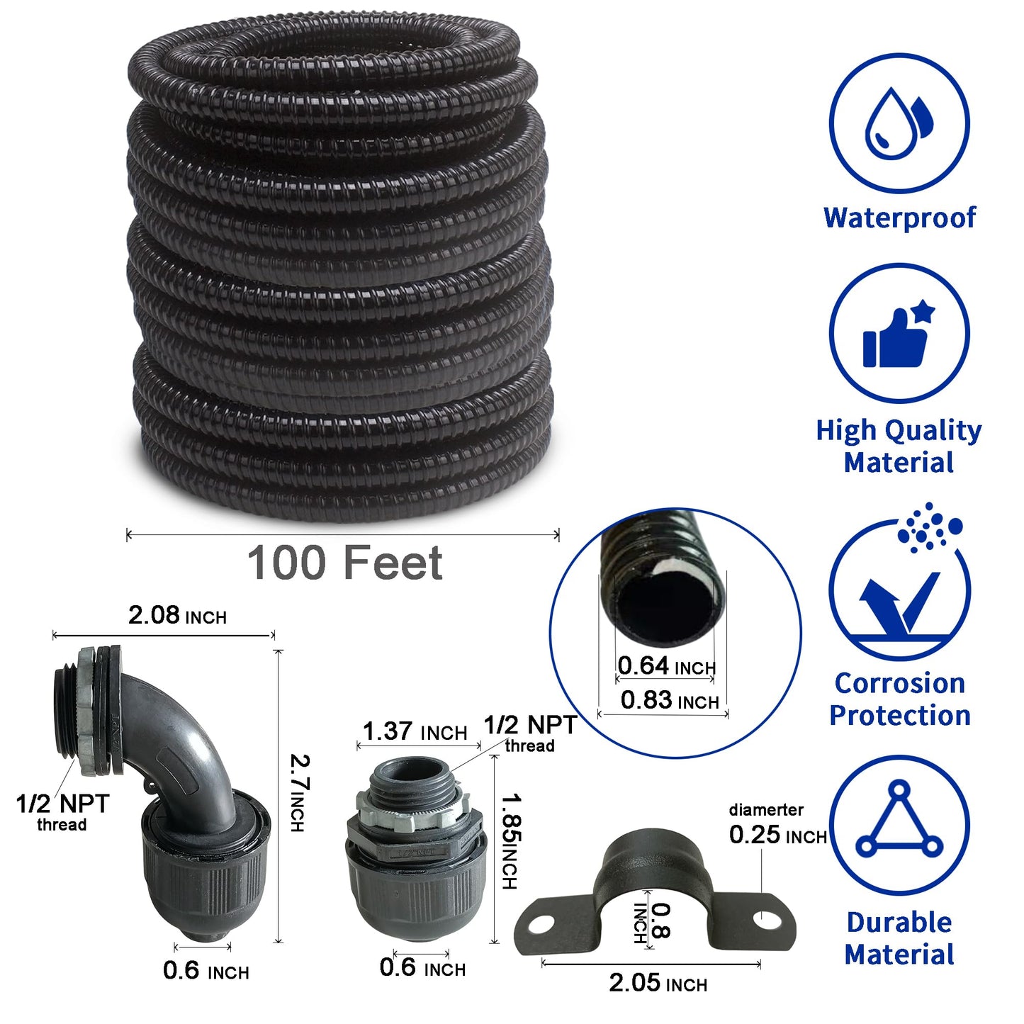 (1/2" Dia * 100 Feet) Yariwiz Black Special Extra Flexible Electrical Conduit Liquid Tight PVC Conduit Kit with 5 PCS Coupling, 5 PCS Elbow and 10 PCS Strap, Sealtight Seal Flex Liquidtight Wire