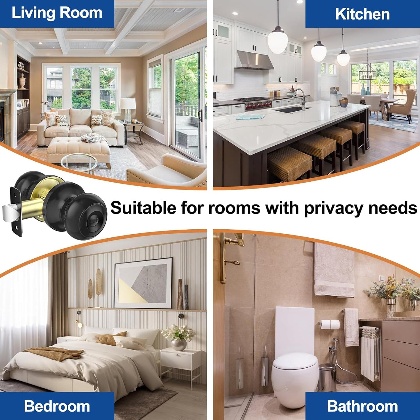 Brushed Nickel Privacy Door Knob Set - Keyless Interior Locks for Bedroom & Bathroom (6 Pack)